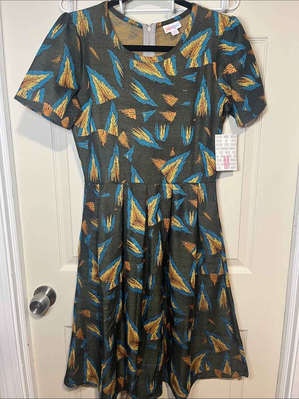 LuLaRoe Women's Fit-and-Flare Dress in Teal and Gold Pattern